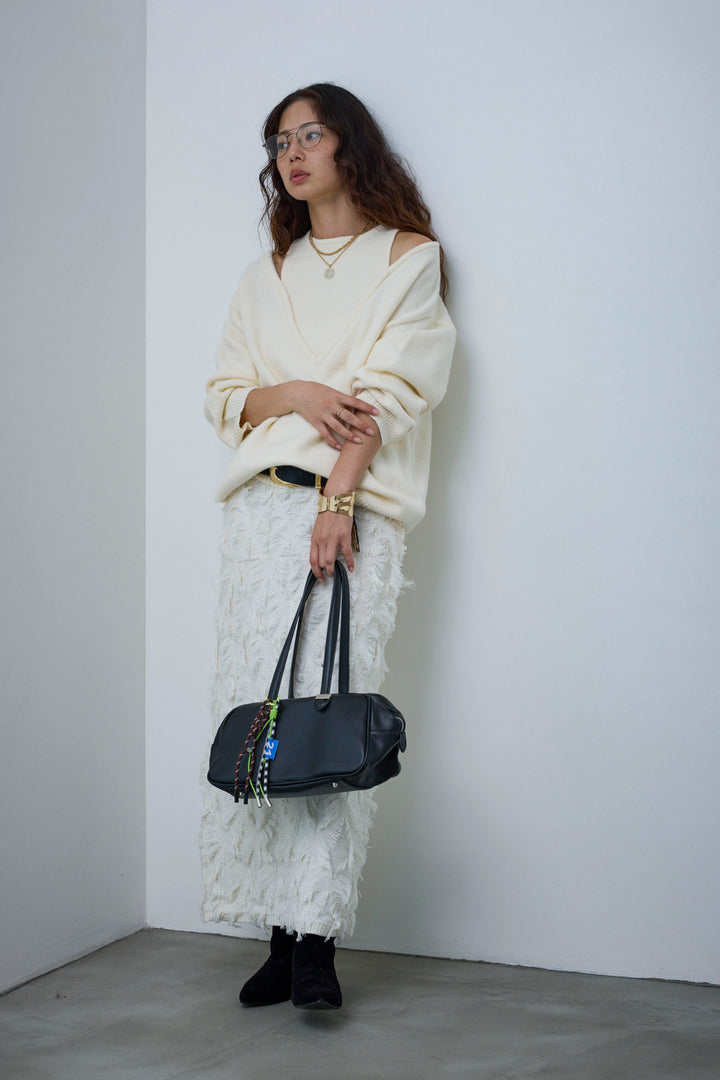 [予約/SET]肩スリットニット+カットフリンジニットタイトスカート(2set)