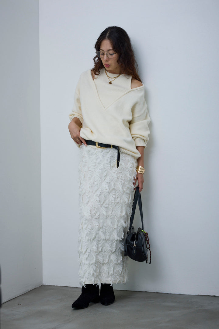 [予約/SET]肩スリットニット+カットフリンジニットタイトスカート(2set)