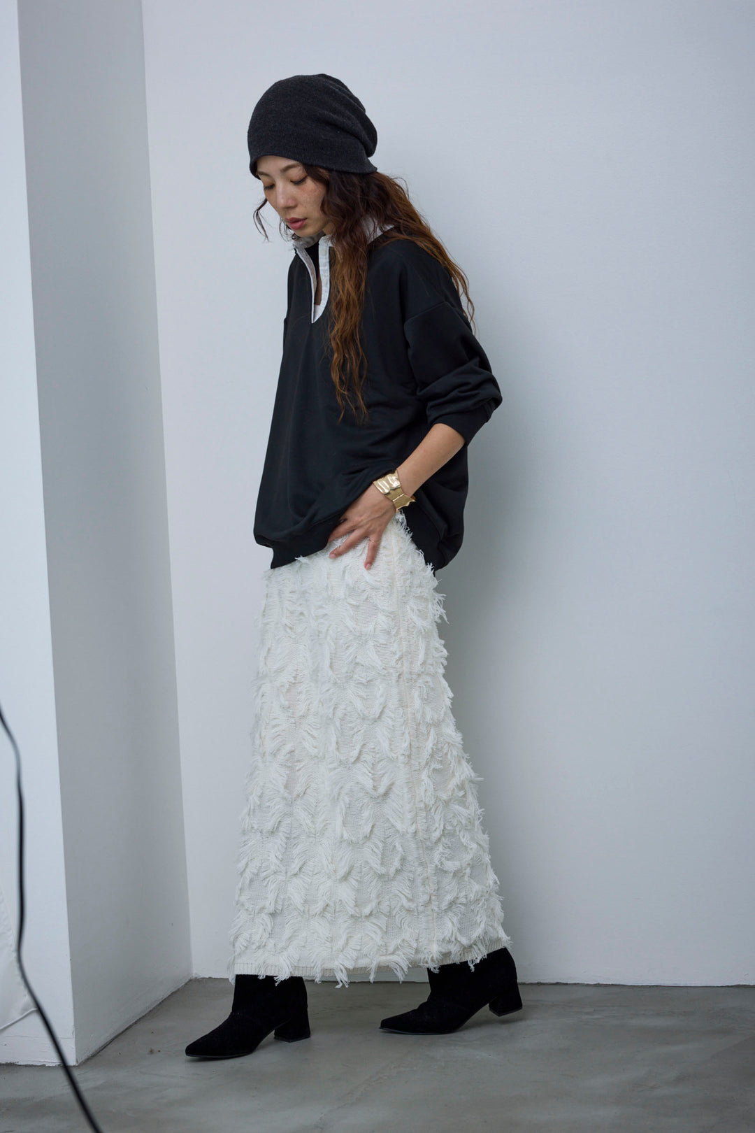 [予約/SET]プレッピースウェットPO+カットフリンジニットタイトスカート(2set)