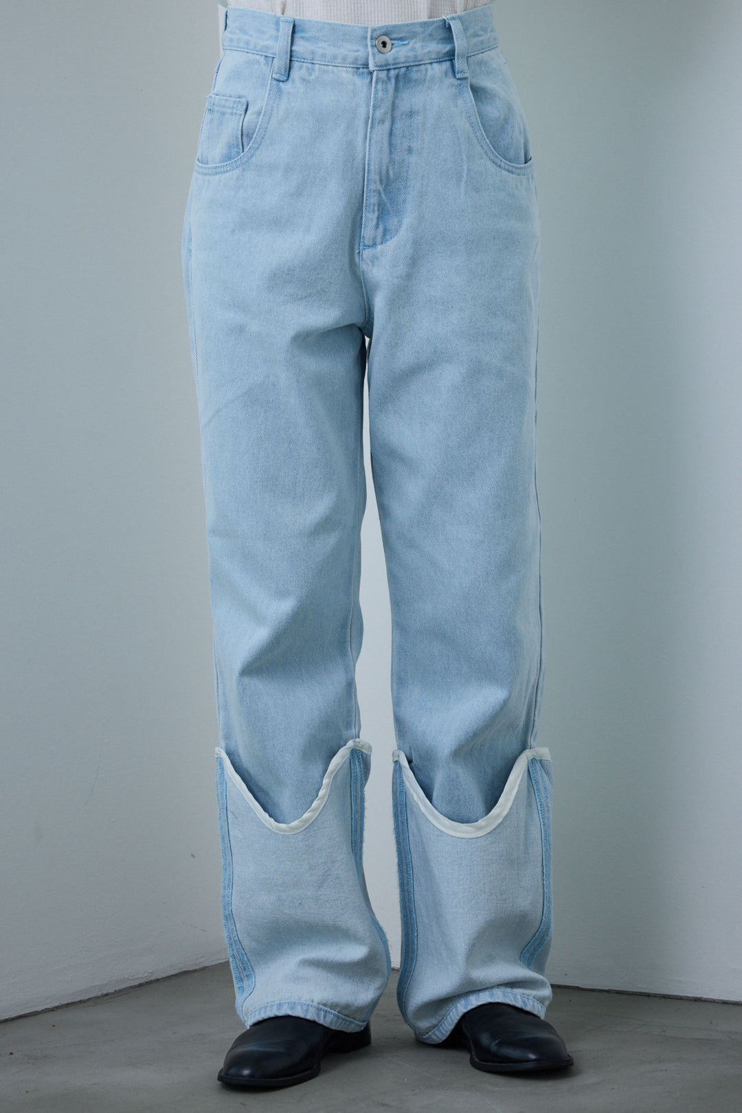 [予約/SET]レオパードニットカーディガン+ボウタイボリュームスリーブシャツ+レイヤードレッグカバーデニム(3set)