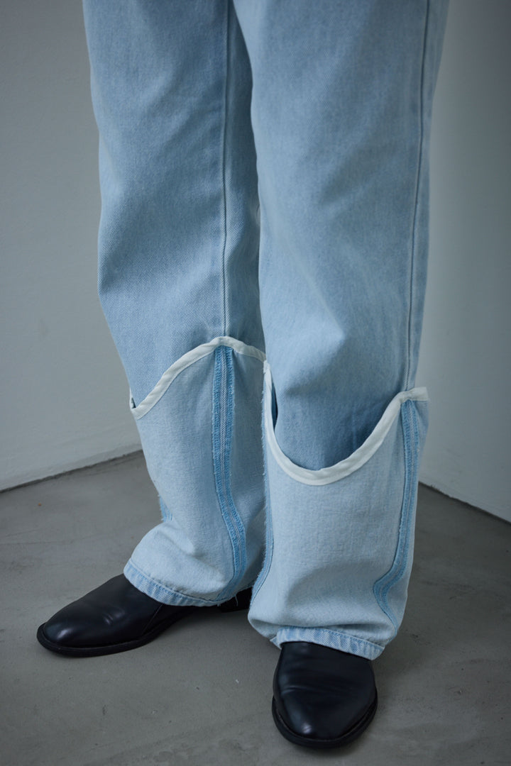 [予約/SET]レオパードニットカーディガン+ボウタイボリュームスリーブシャツ+レイヤードレッグカバーデニム(3set)