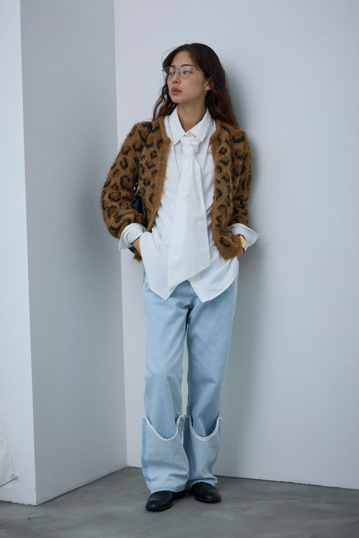 [予約/SET]レオパードニットカーディガン+レイヤードレッグカバーデニム(2set)
