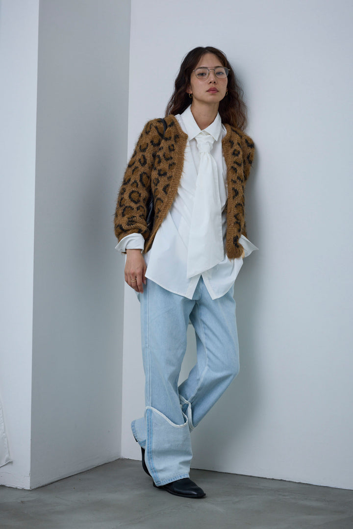 [予約/SET]レオパードニットカーディガン+ボウタイボリュームスリーブシャツ+レイヤードレッグカバーデニム(3set)