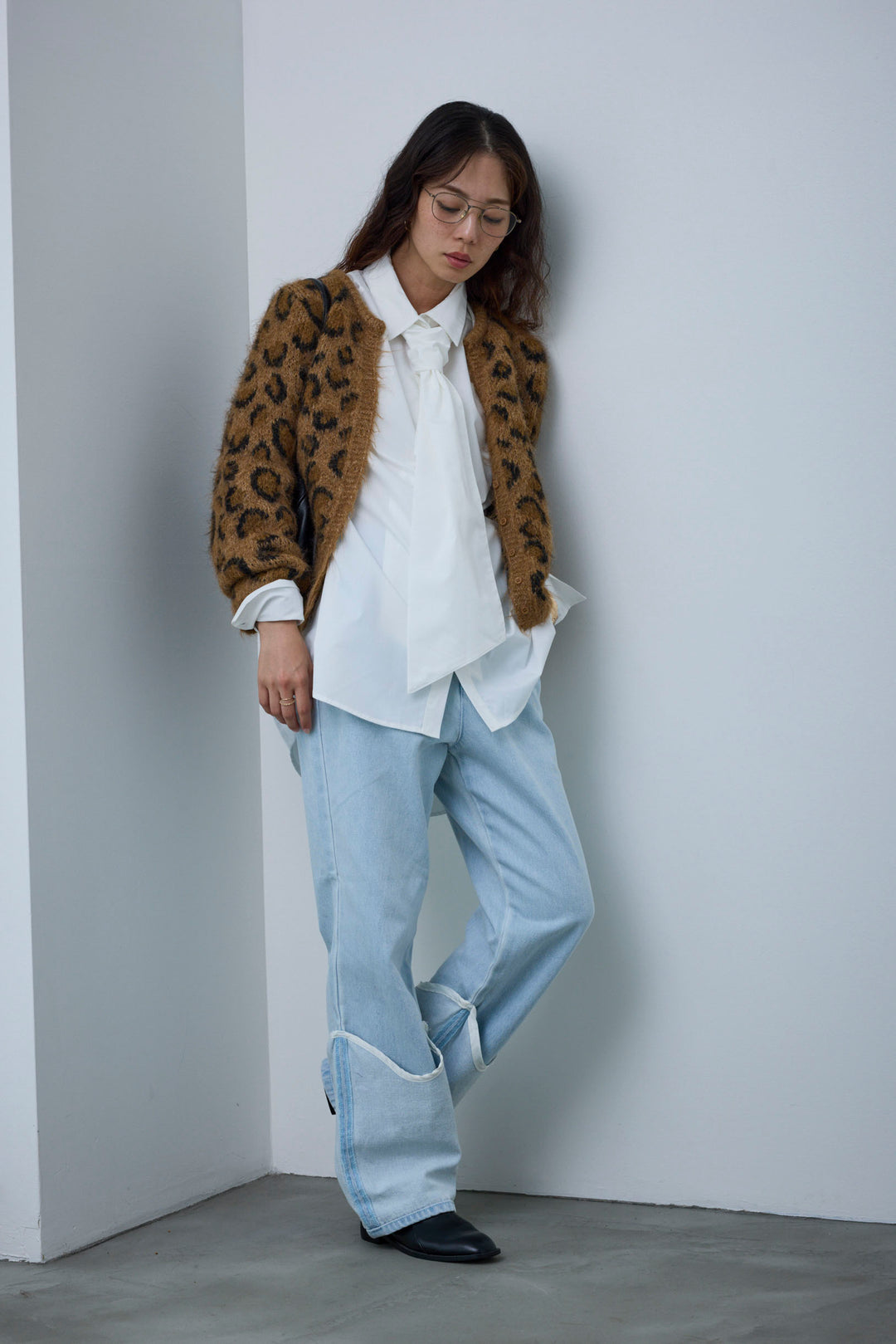 [予約/SET]レオパードニットカーディガン+レイヤードレッグカバーデニム(2set)