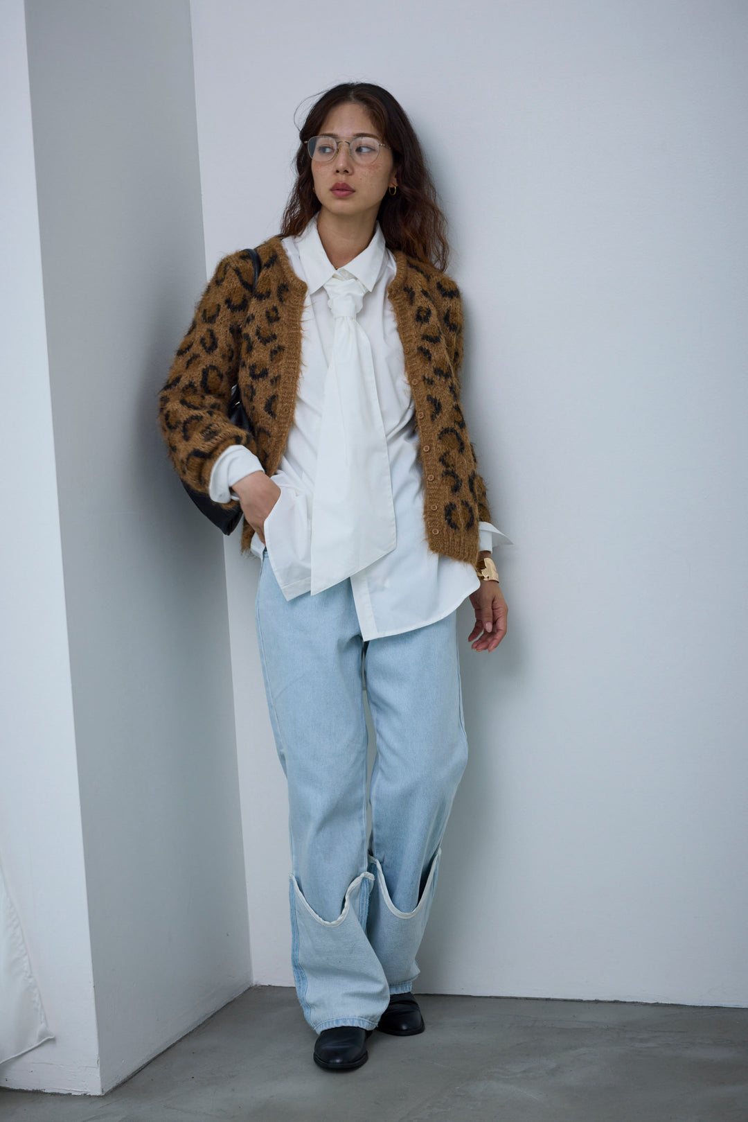 [予約/SET]レオパードニットカーディガン+レイヤードレッグカバーデニム(2set)