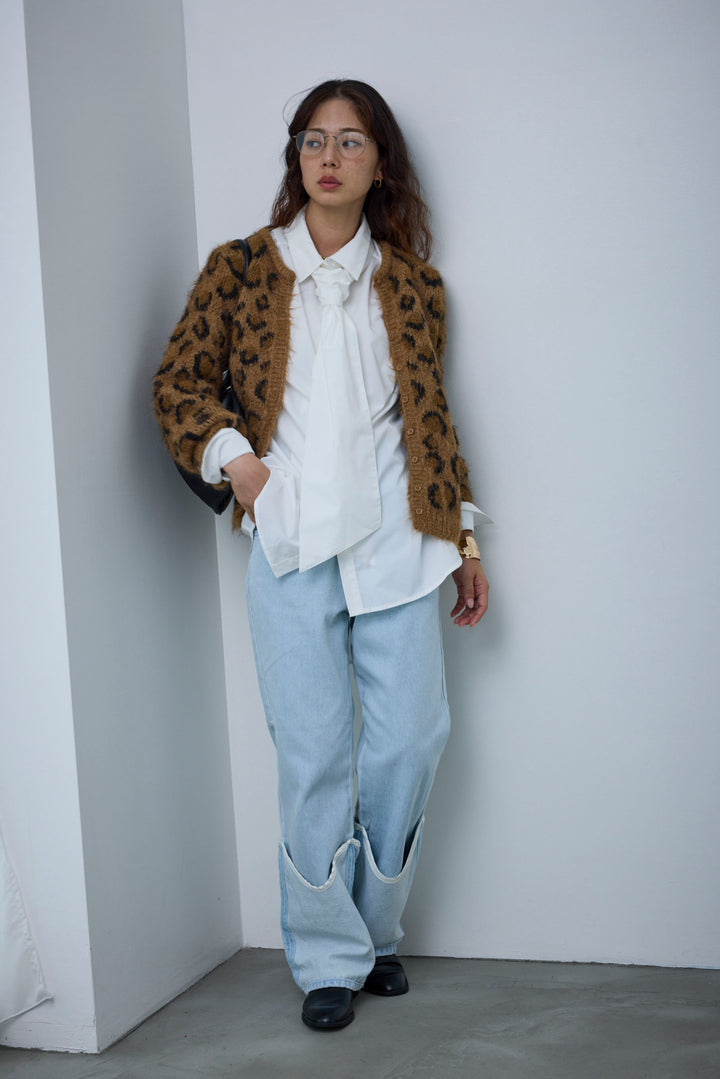 [予約/SET]レオパードニットカーディガン+レイヤードレッグカバーデニム(2set)