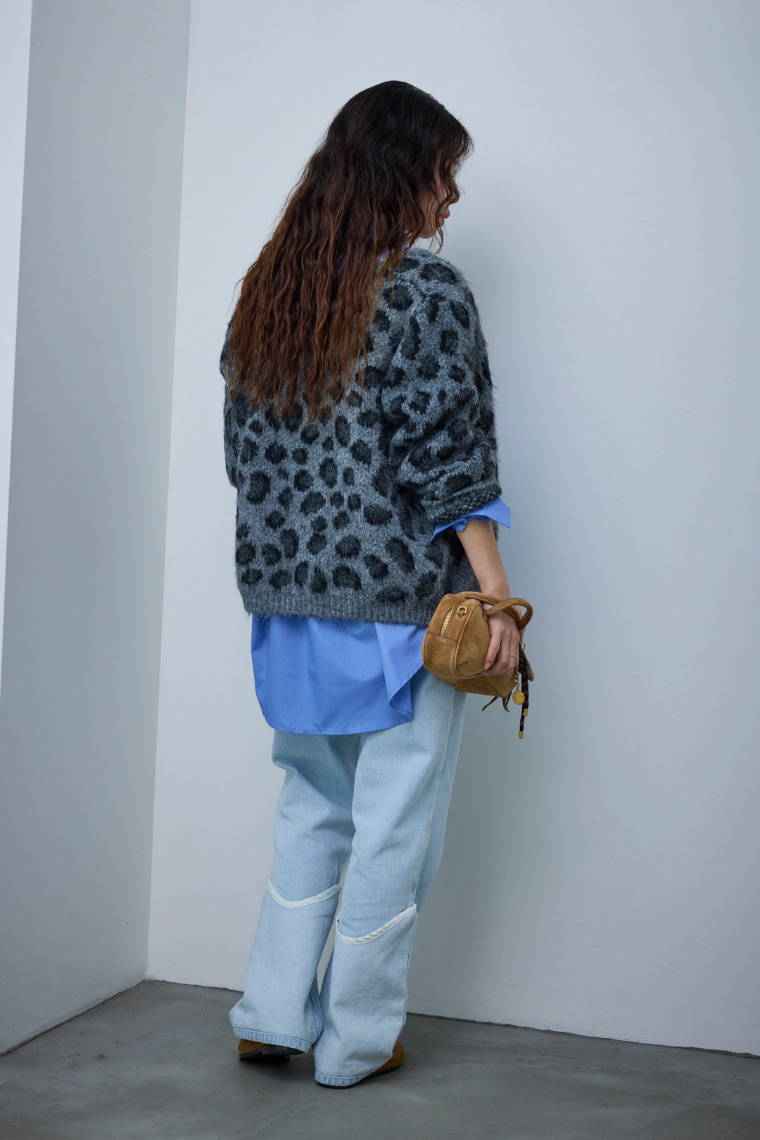 [予約/SET]レオパードニットカーディガン+レイヤードレッグカバーデニム(2set)
