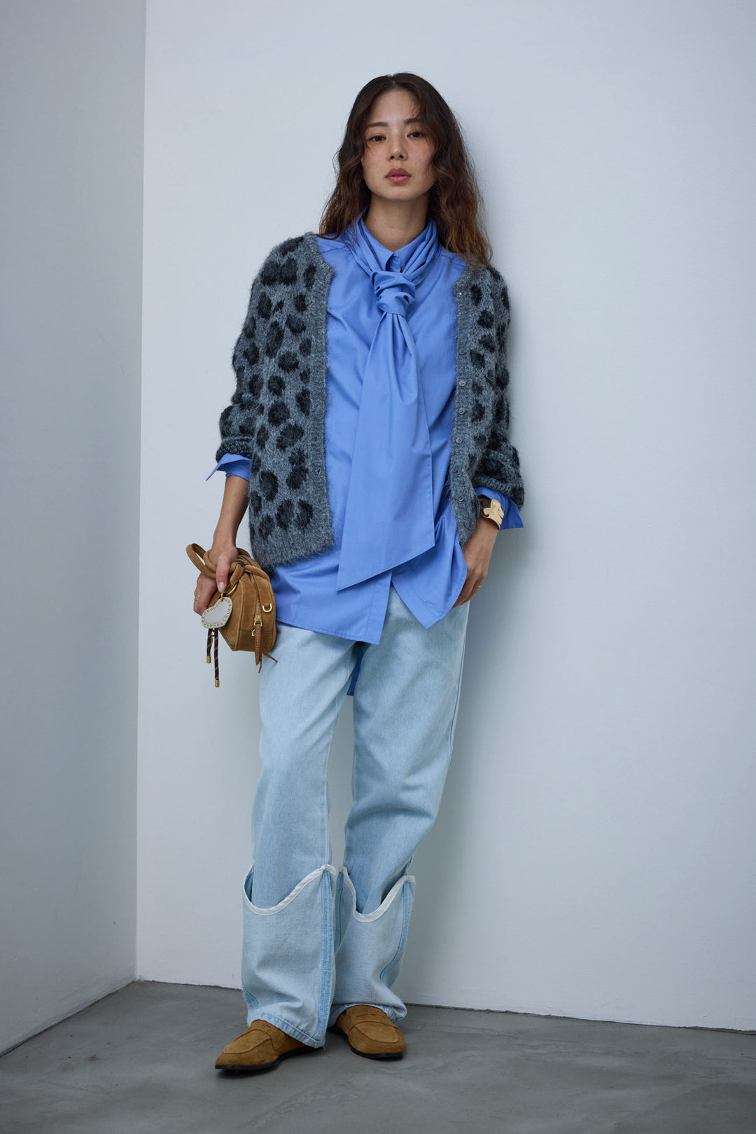 [予約/SET]レオパードニットカーディガン+レイヤードレッグカバーデニム(2set)