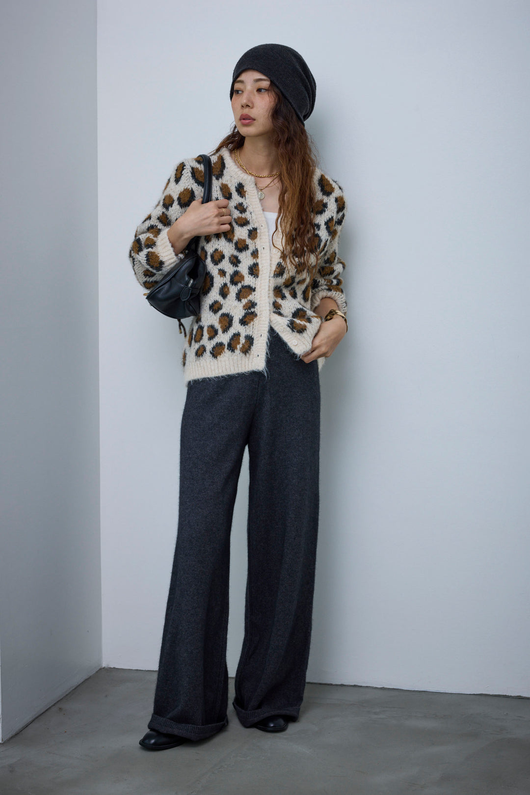 [予約/SET]レオパードニットカーディガン+リラックスニットパンツ(2set)