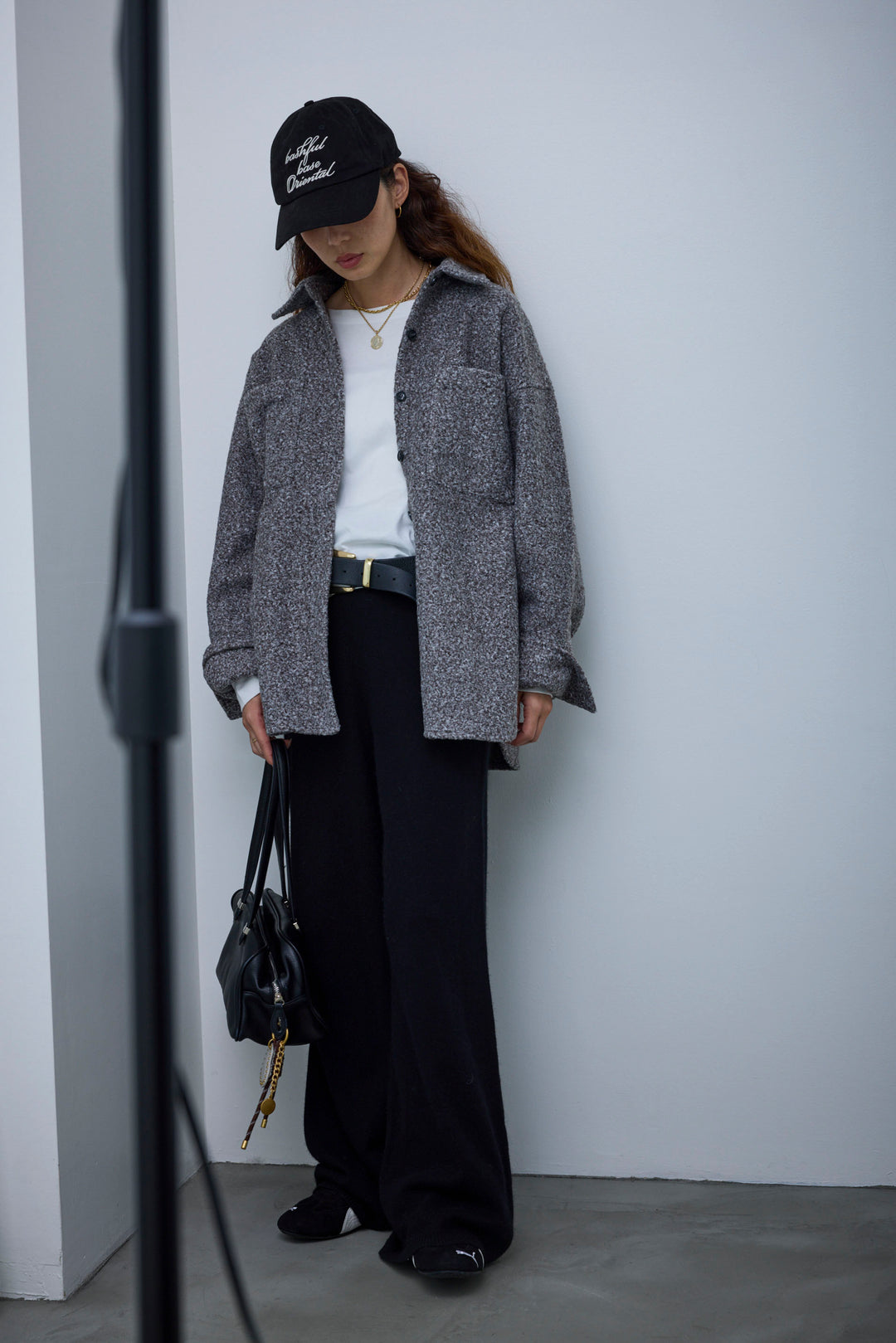 [予約/SET]ループツイードビックカフスシャツジャケット+ゆるシルエット刺繍ロンT+リラックスニットパンツ(3set)