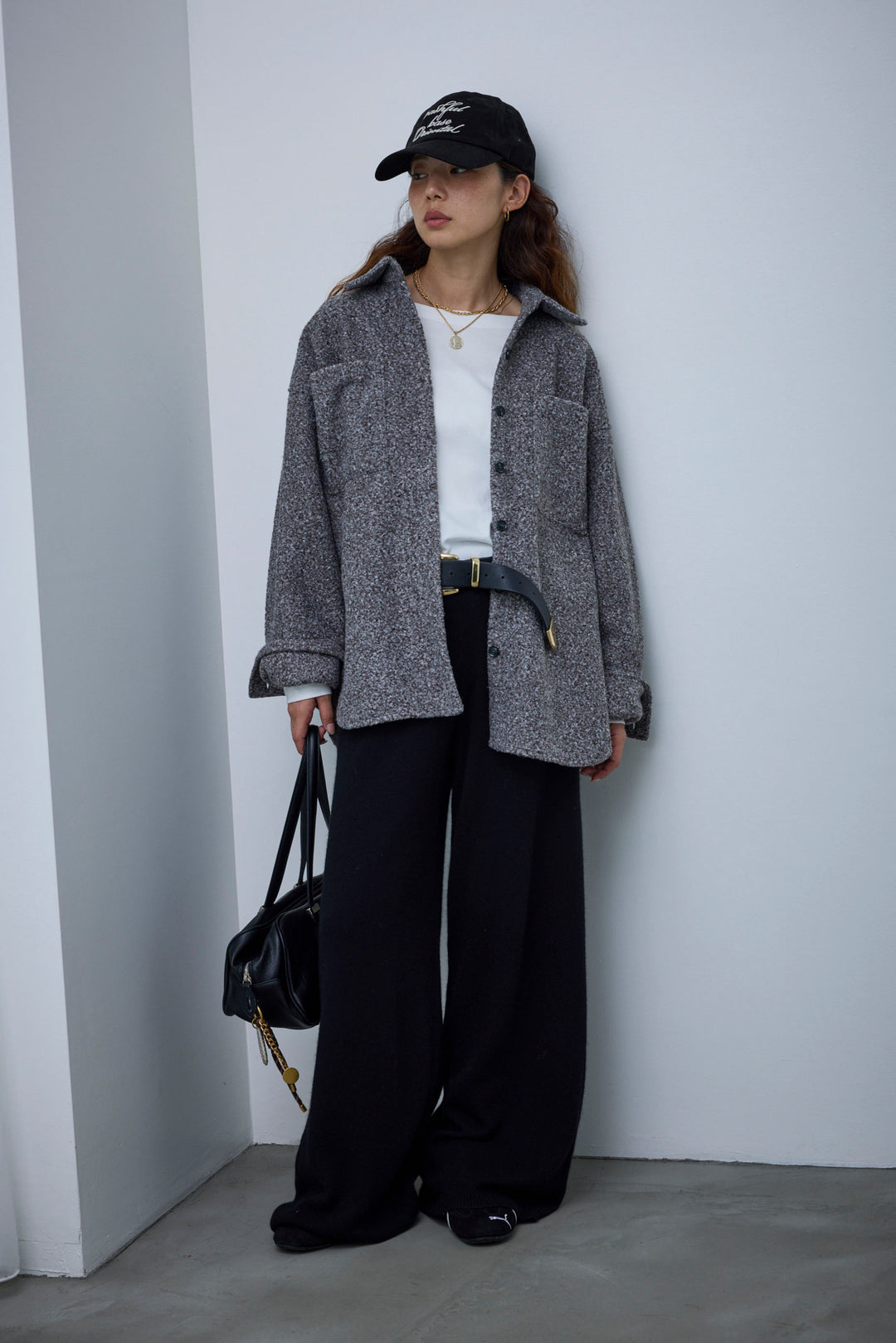 [予約/SET]ループツイードビックカフスシャツジャケット+ゆるシルエット刺繍ロンT+リラックスニットパンツ(3set)