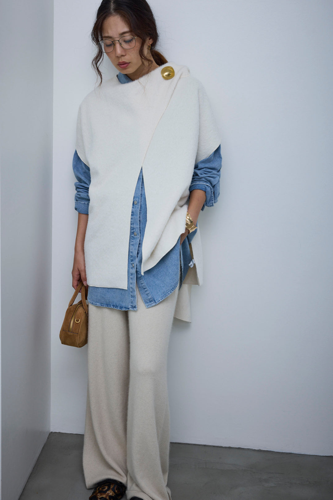 [予約/SET]ラップシャギーポンチョ+オーバーサイズデニムシャツ(2set)