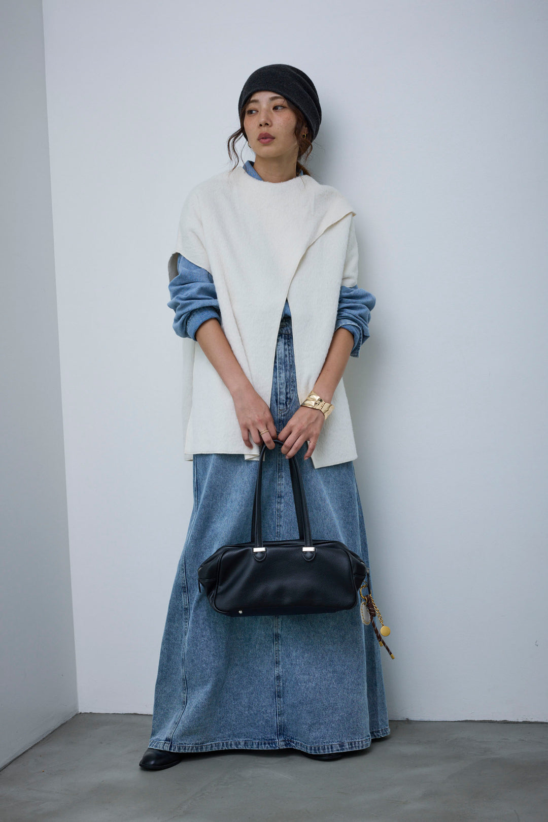 [予約/SET]ラップシャギーポンチョ+オーバーサイズデニムシャツ+オーセンティックデニムSK(3set)