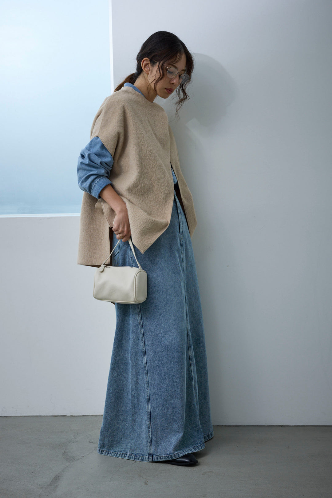 [予約/SET]ラップシャギーポンチョ+オーバーサイズデニムシャツ+オーセンティックデニムSK(3set)