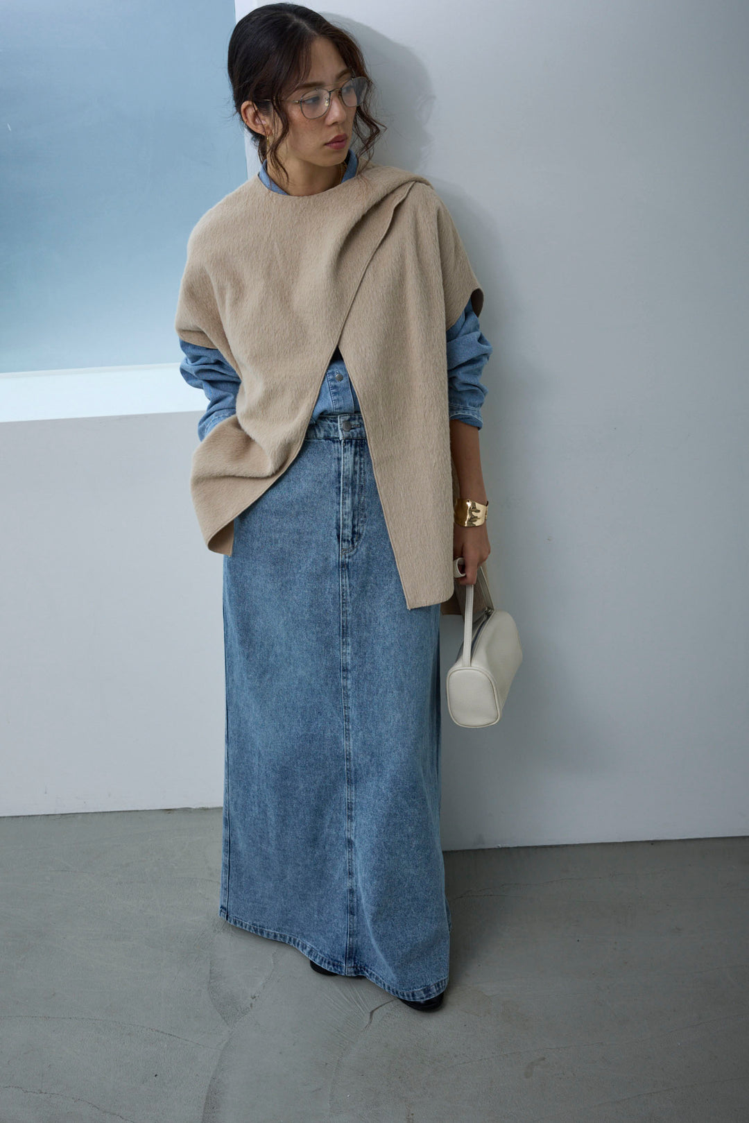 [予約/SET]ラップシャギーポンチョ+オーバーサイズデニムシャツ+オーセンティックデニムSK(3set)