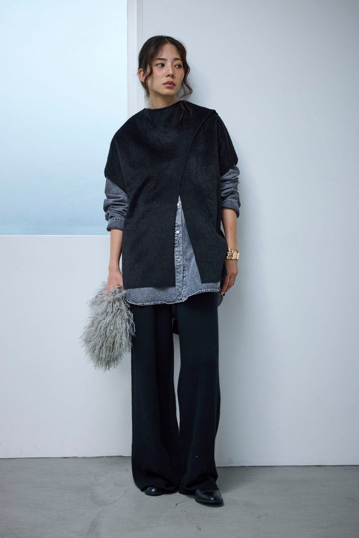 [予約/SET]ラップシャギーポンチョ+オーバーサイズデニムシャツ+リラックスニットパンツ(3set)