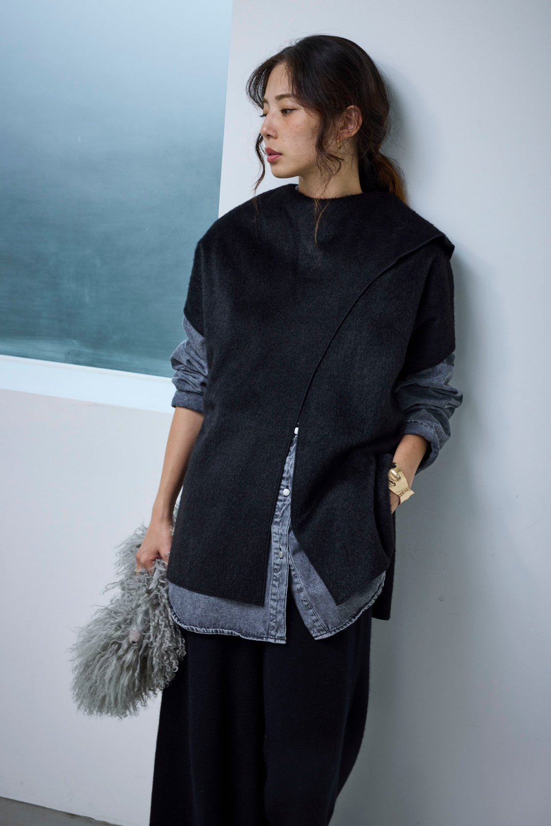 [予約/SET]ラップシャギーポンチョ+オーバーサイズデニムシャツ(2set)