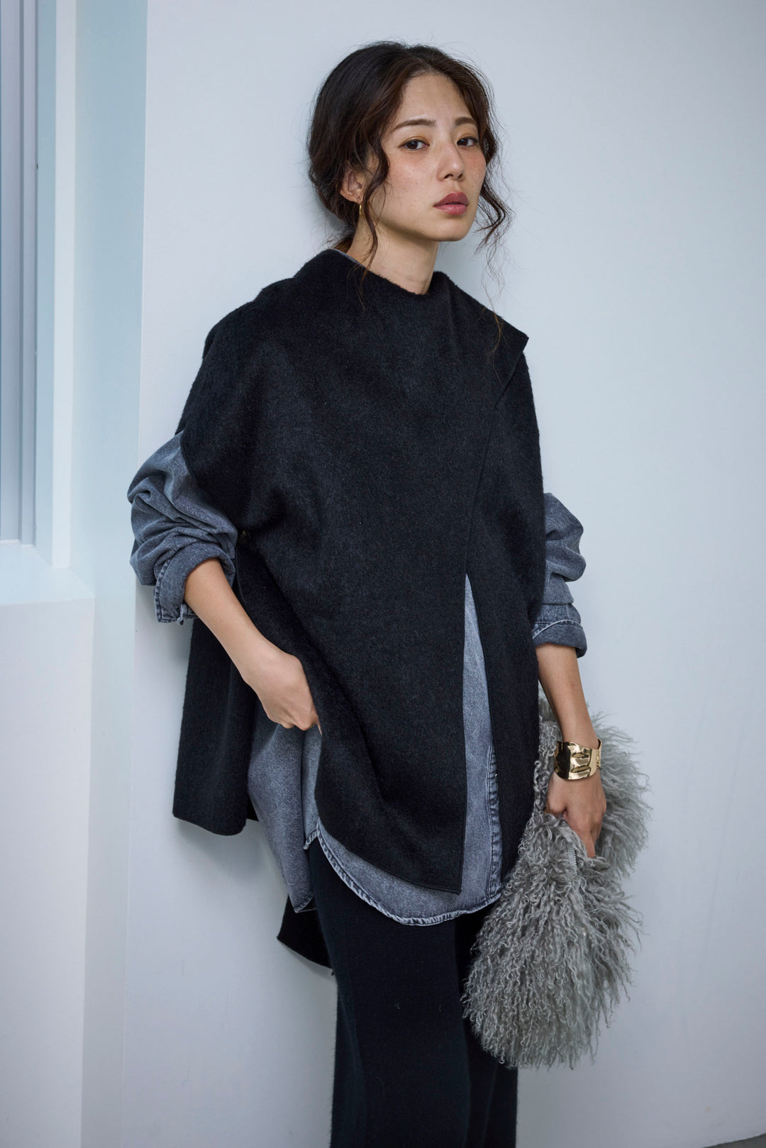 [予約/SET]ラップシャギーポンチョ+オーバーサイズデニムシャツ(2set)