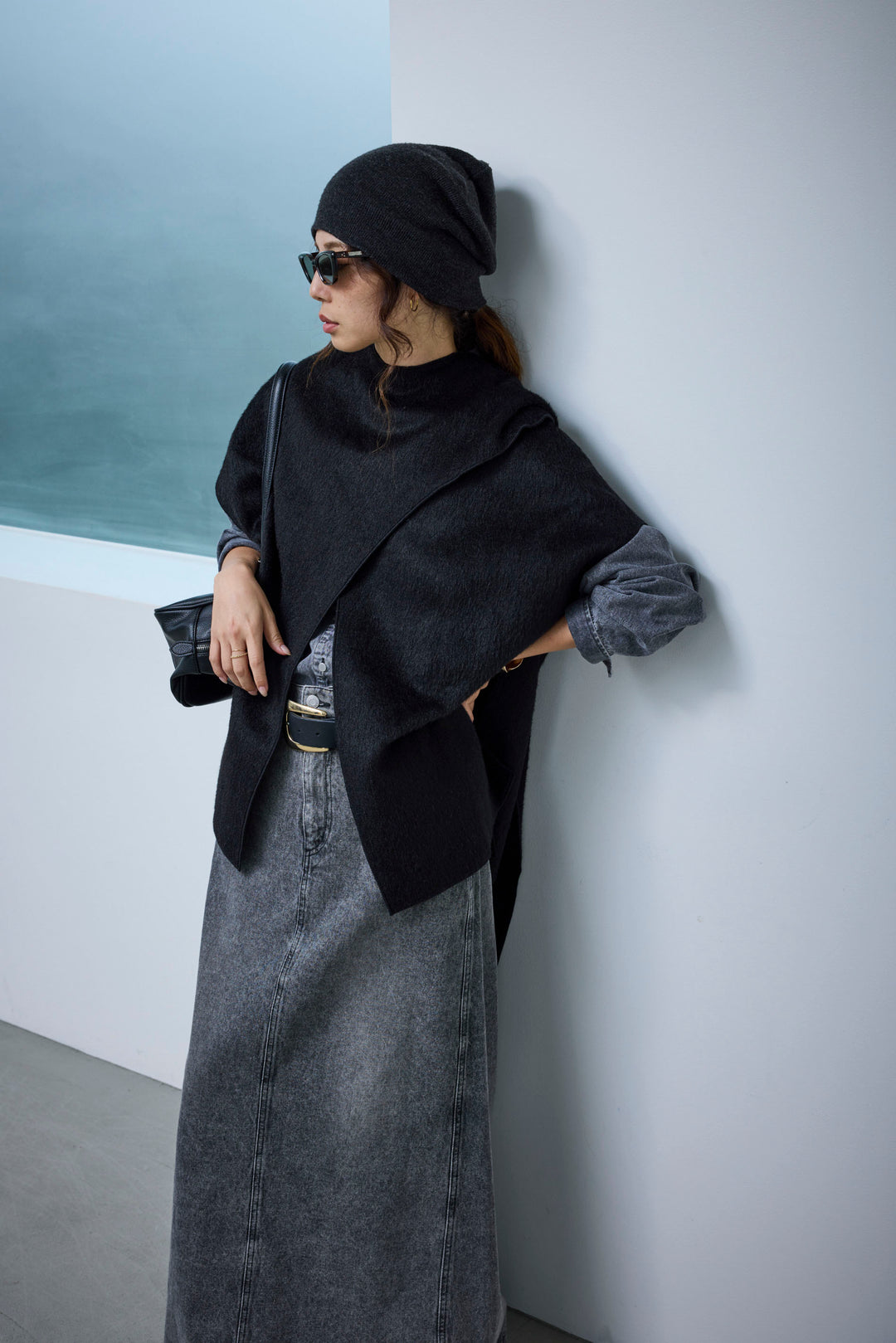 [予約/SET]ラップシャギーポンチョ+オーバーサイズデニムシャツ+オーセンティックデニムSK(3set)