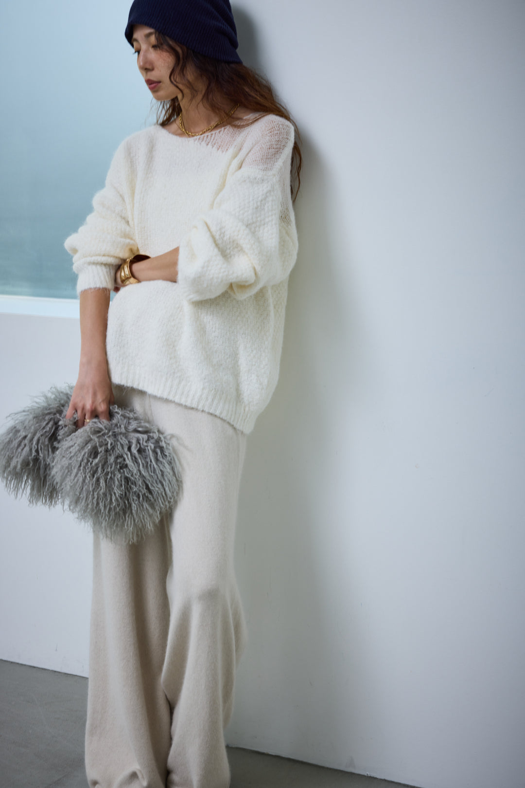 [予約/SET]アシンメトリーシアーニット+リラックスニットパンツ(2set)