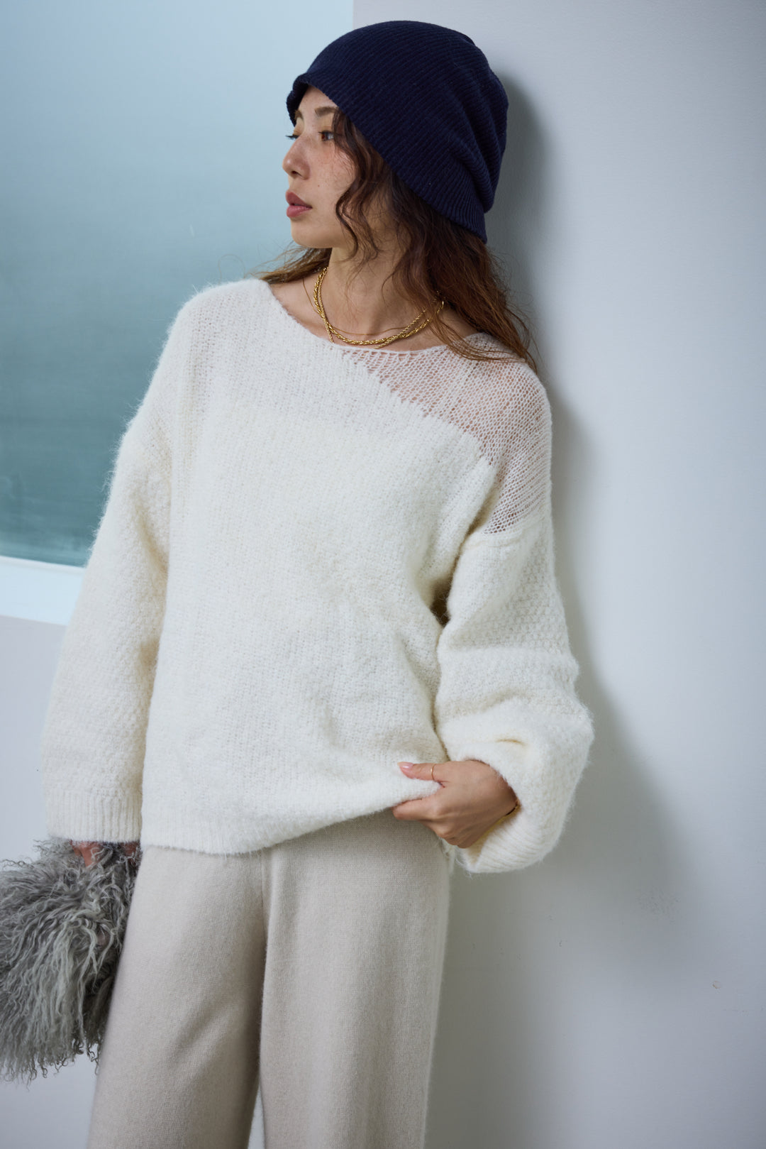 [予約/SET]アシンメトリーシアーニット+リラックスニットパンツ(2set)