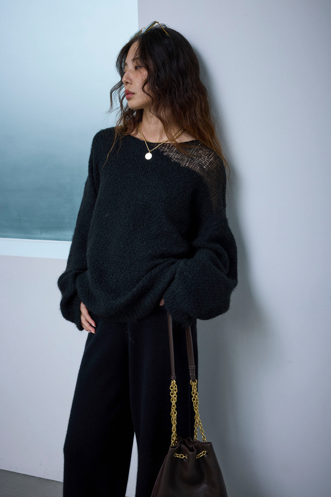 [予約/SET]アシンメトリーシアーニット+リラックスニットパンツ(2set)