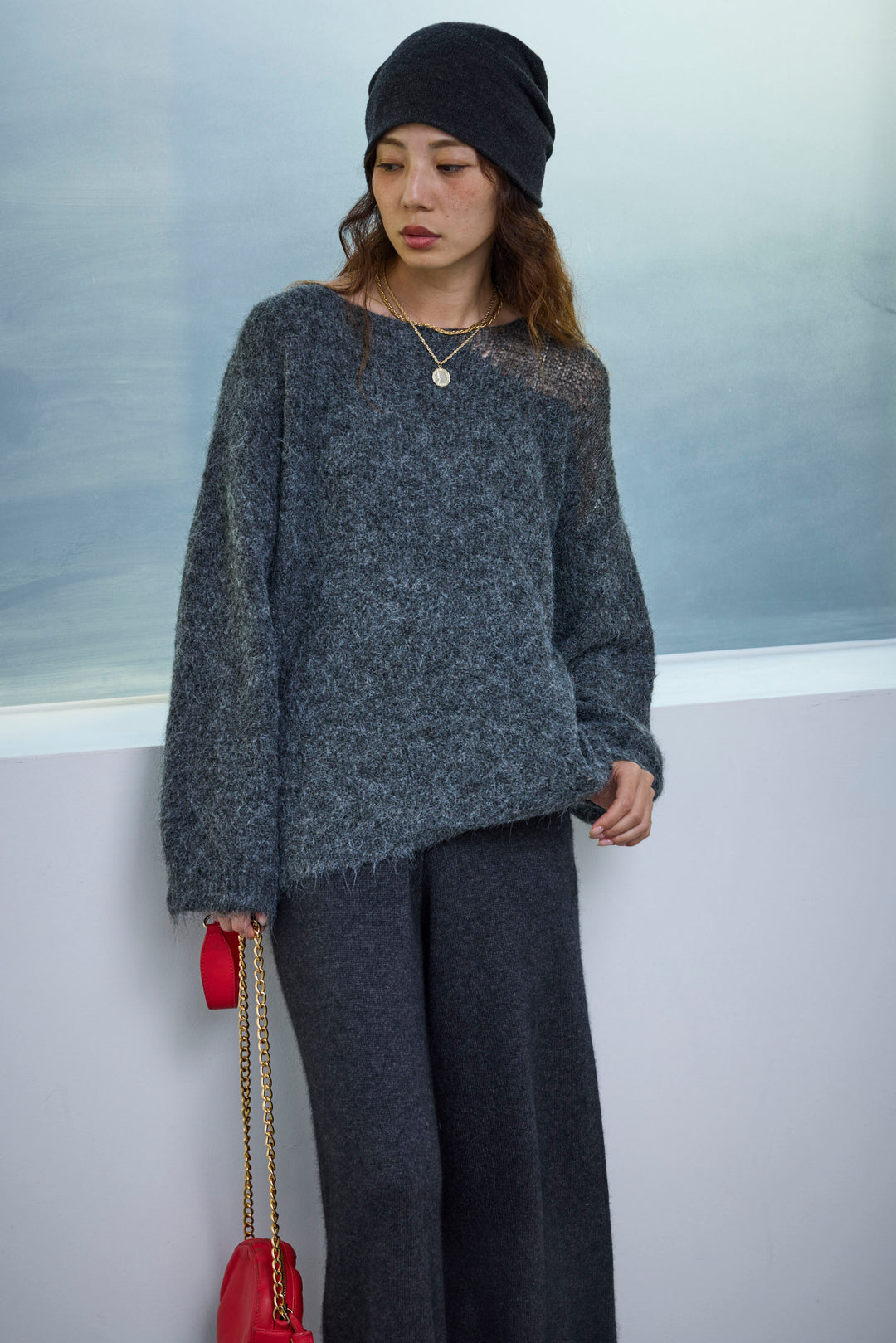 [予約/SET]アシンメトリーシアーニット+リラックスニットパンツ(2set)