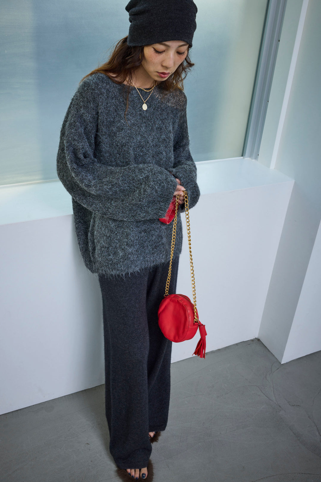 [予約/SET]アシンメトリーシアーニット+リラックスニットパンツ(2set)