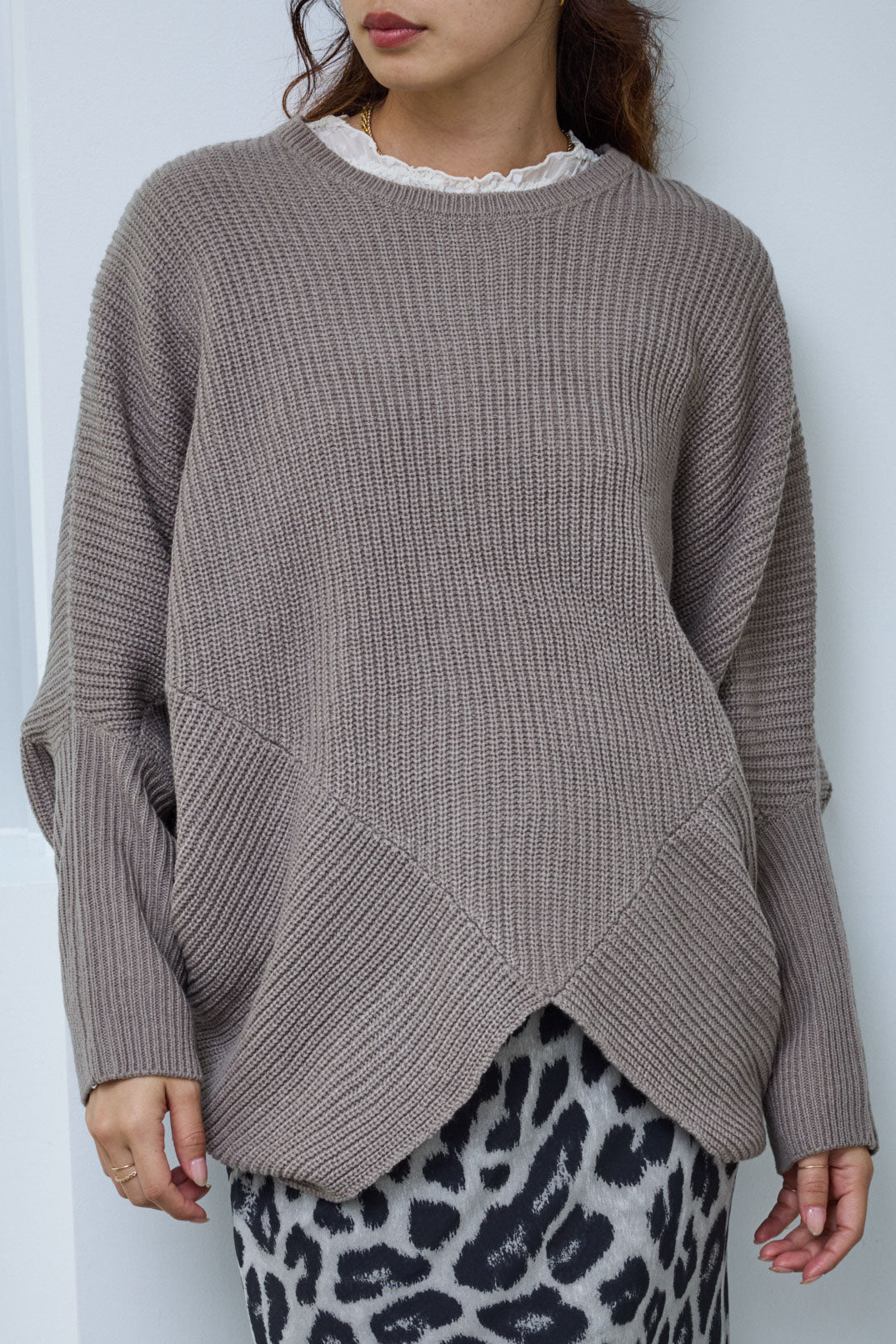 [予約/SET]ルーズドレープドルマンニットプルオーバー+レースシアーフリルトップス+レオパードナロースカート(3set)