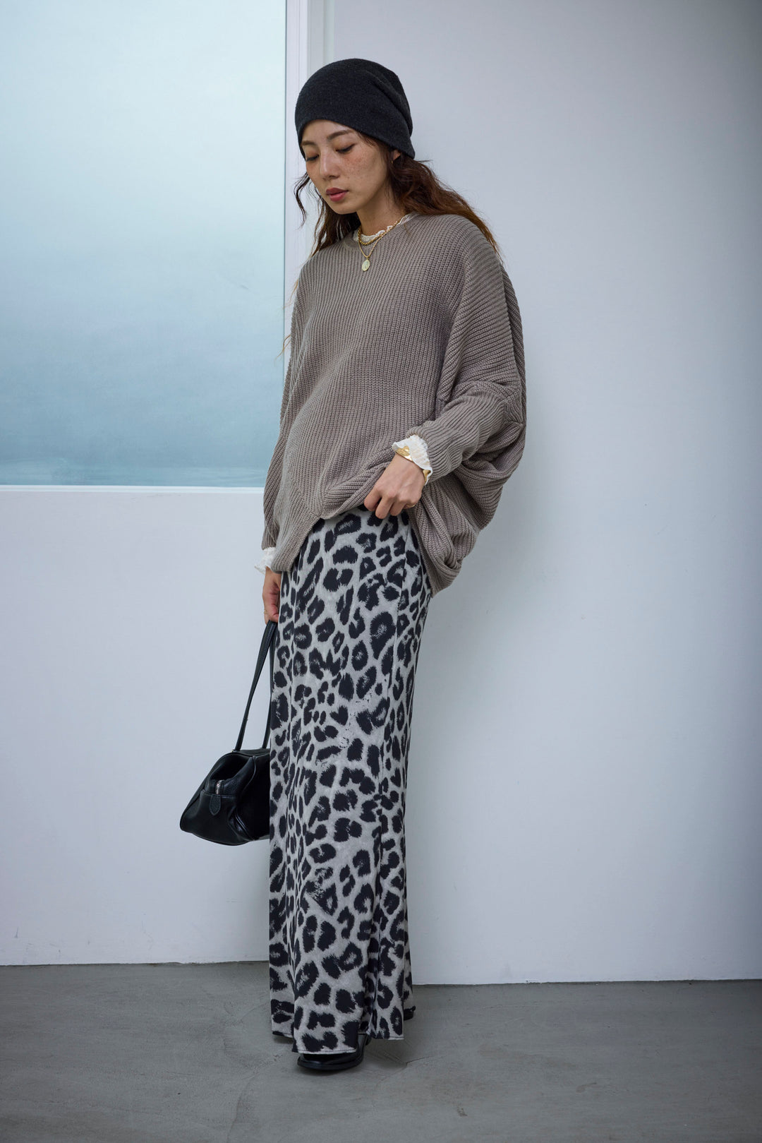 [予約/SET]ルーズドレープドルマンニットプルオーバー+レースシアーフリルトップス+レオパードナロースカート(3set)