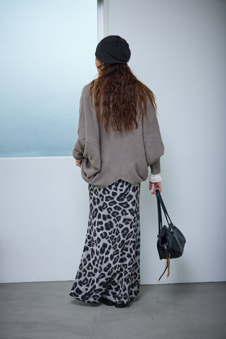[予約/SET]ルーズドレープドルマンニットプルオーバー+レオパードナロースカート(2set)