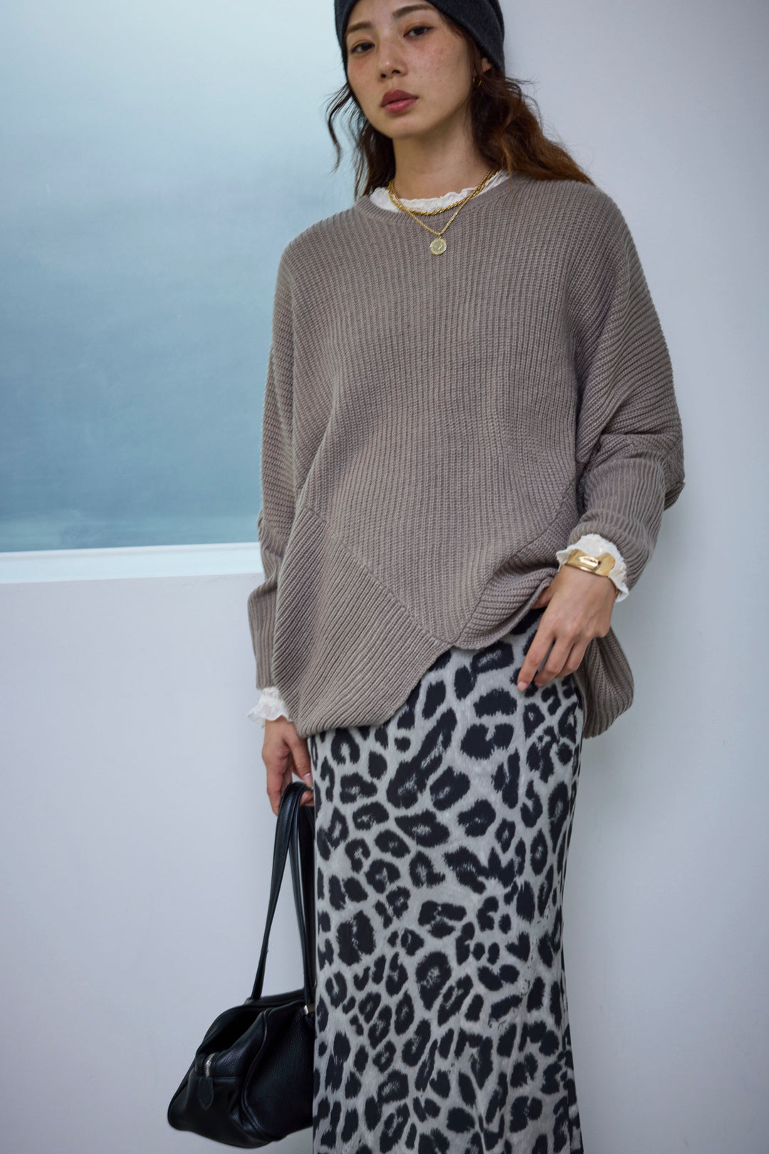 [予約/SET]ルーズドレープドルマンニットプルオーバー+レースシアーフリルトップス+レオパードナロースカート(3set)