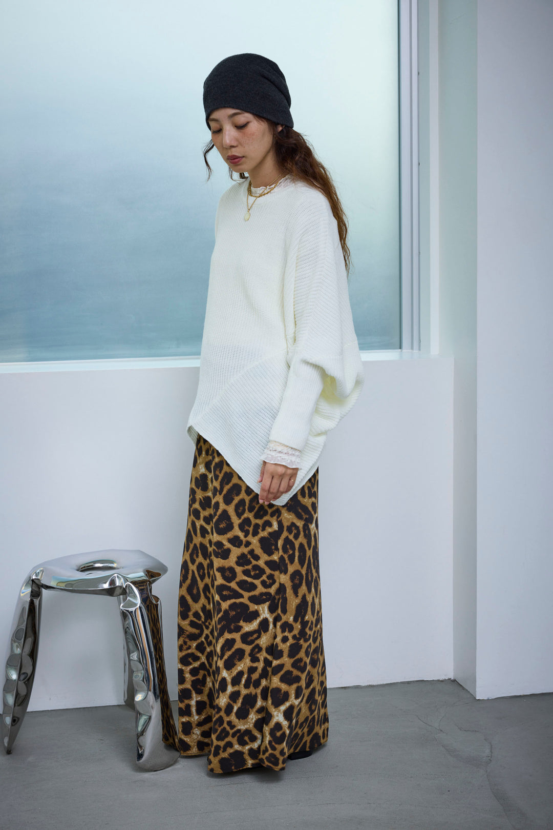 [予約/SET]ルーズドレープドルマンニットプルオーバー+レースシアーフリルトップス+レオパードナロースカート(3set)