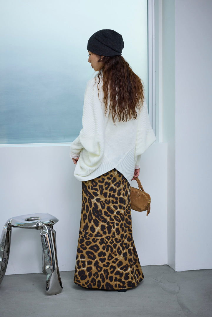 [予約/SET]ルーズドレープドルマンニットプルオーバー+レースシアーフリルトップス+レオパードナロースカート(3set)