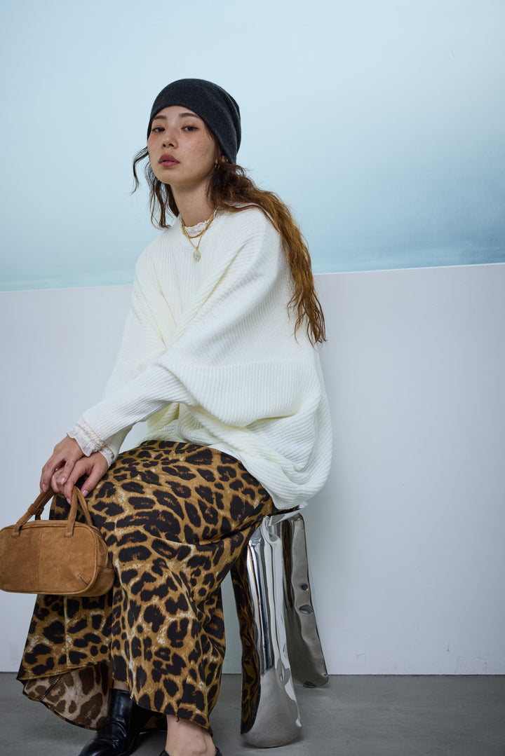 [予約/SET]ルーズドレープドルマンニットプルオーバー+レオパードナロースカート(2set)