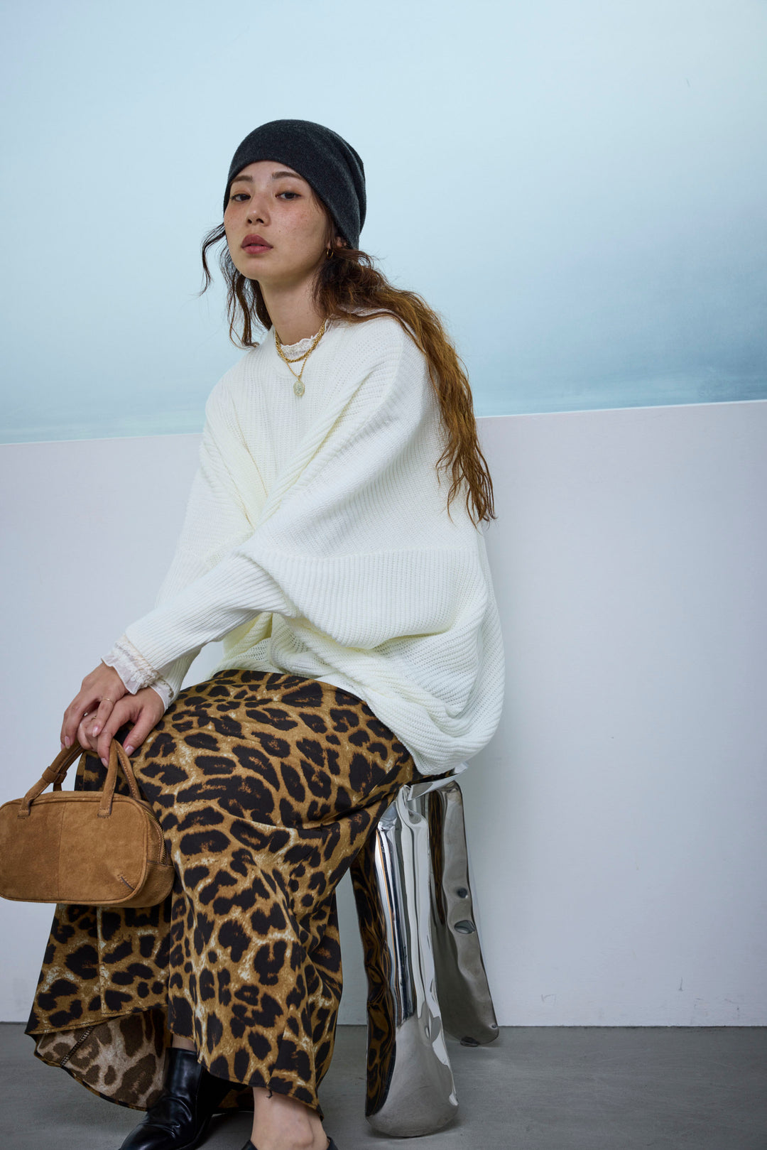 [予約/SET]ルーズドレープドルマンニットプルオーバー+レースシアーフリルトップス+レオパードナロースカート(3set)