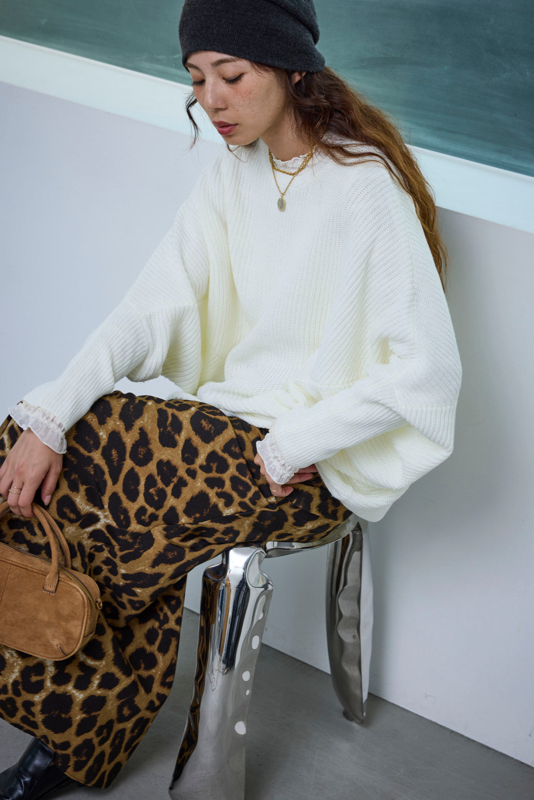 [予約/SET]ルーズドレープドルマンニットプルオーバー+レースシアーフリルトップス+レオパードナロースカート(3set)