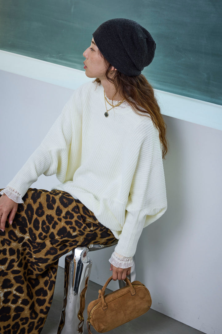 [予約/SET]ルーズドレープドルマンニットプルオーバー+レースシアーフリルトップス+レオパードナロースカート(3set)