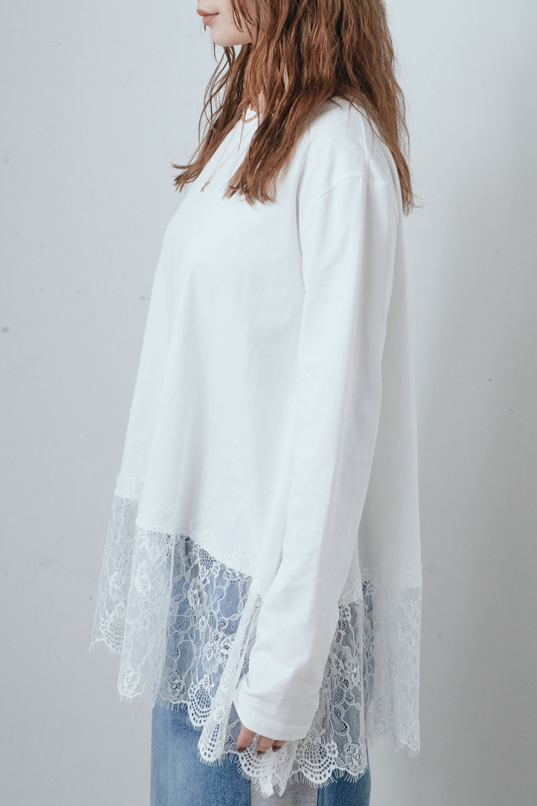 [予約/SET]ロゴ刺繍ハーフZIPスウェット+レースコンビカットソー+スラッシュカットデニム(3set)
