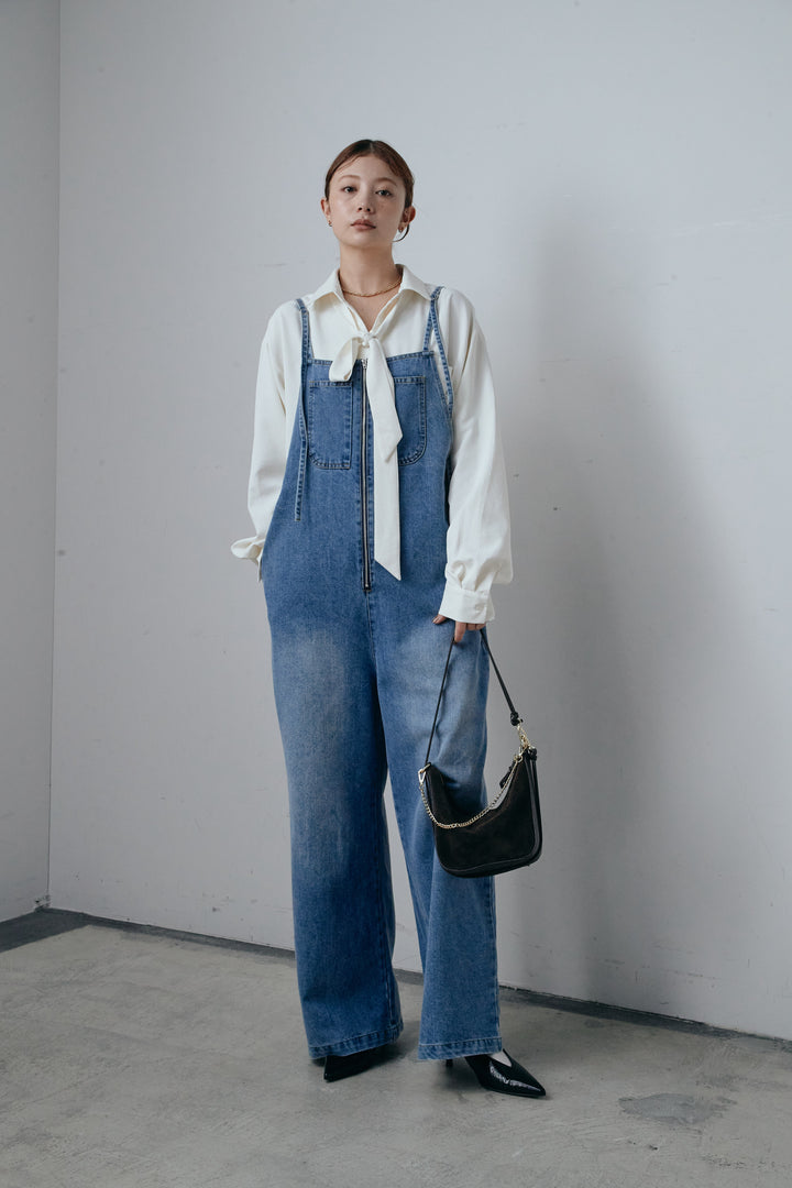[予約/SET]ボウタイBL+フロントジップストラップデザインデニムサロペット(2set)