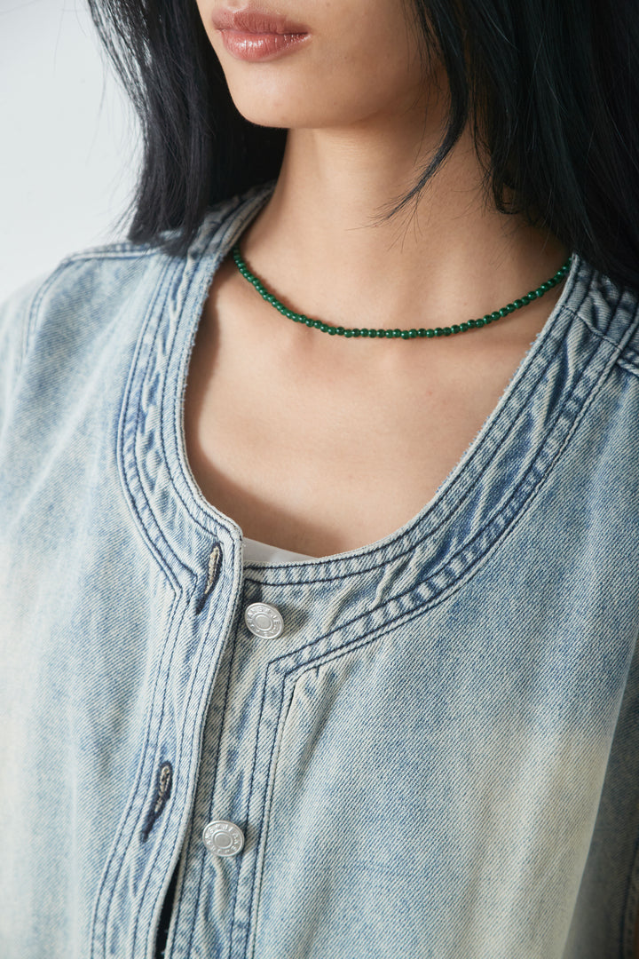 [予約/SET]レイヤードタンクカットワンピ+ノーカラーデニムベスト(2set)