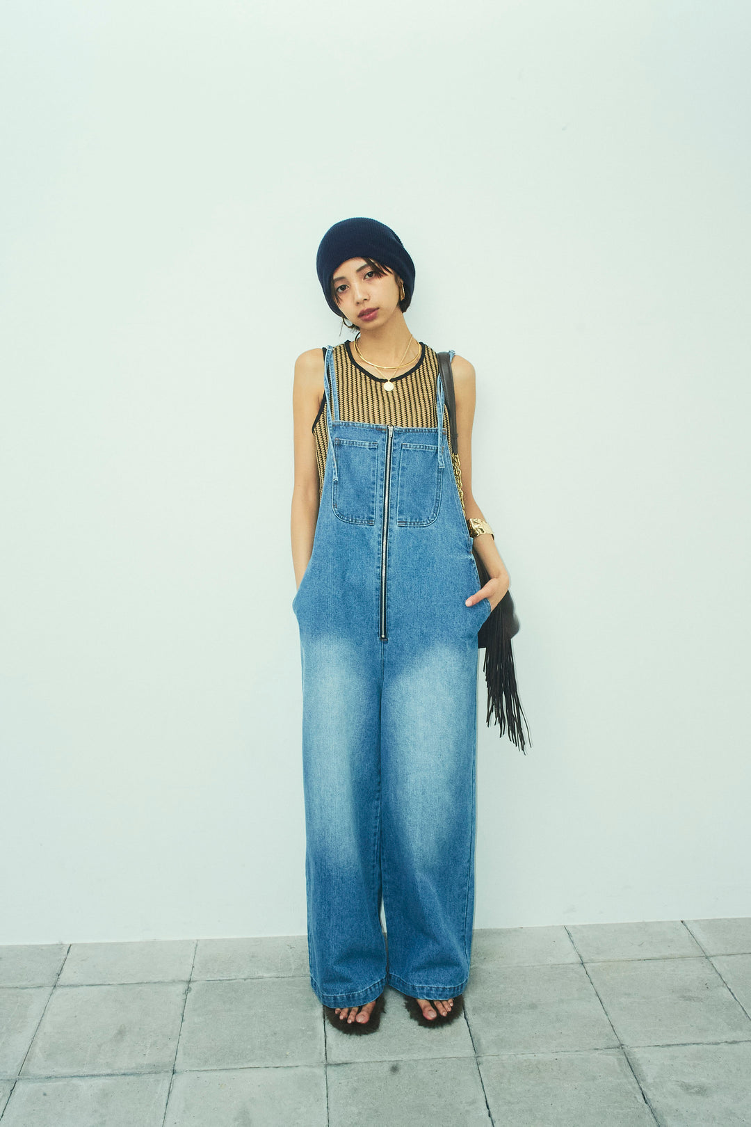 [予約/SET]ストライプレースタンクトップ+フロントジップストラップデザインデニムサロペット(2set)