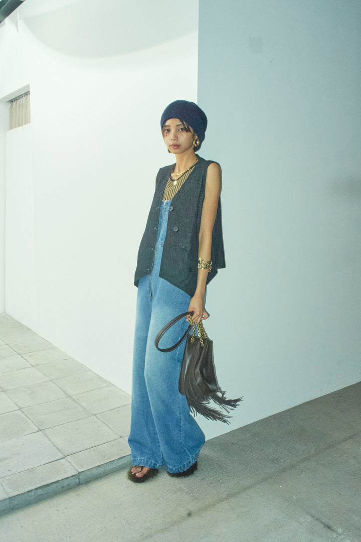 [予約/SET]アシメボタンデニムベスト+フロントジップストラップデザインデニムサロペット(2set)