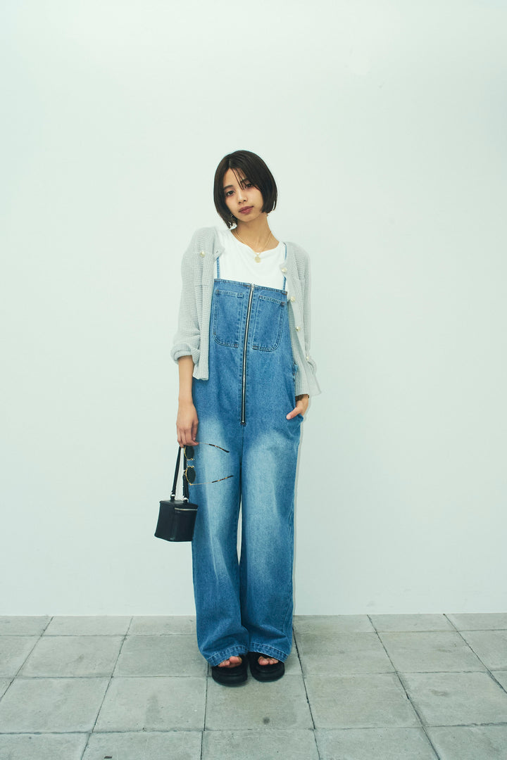 [予約/SET]リネンタッチ金ボタンカーデ+フロントジップストラップデザインデニムサロペット(2set)