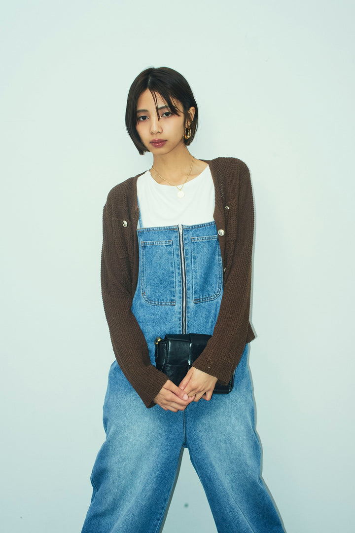 [予約/SET]リネンタッチ金ボタンカーデ+フロントジップストラップデザインデニムサロペット(2set)