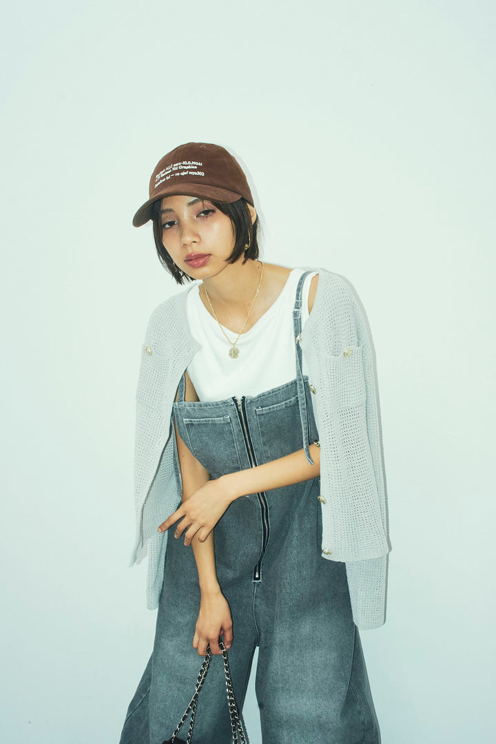 [予約/SET]リネンタッチ金ボタンカーデ+フロントジップストラップデザインデニムサロペット(2set)