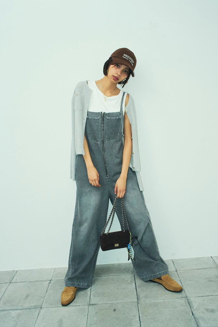 [予約/SET]リネンタッチ金ボタンカーデ+フロントジップストラップデザインデニムサロペット(2set)