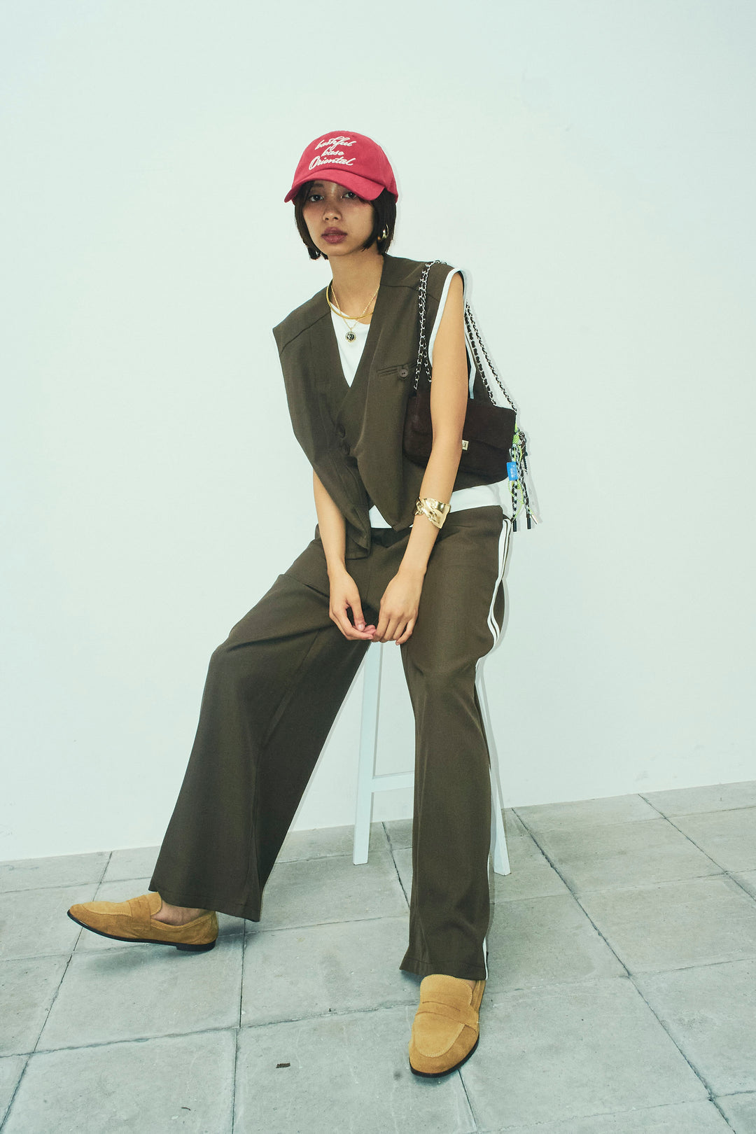 [予約/SET]アシンメトリーデザインジレ+サイドラインワイドパンツ(2set)