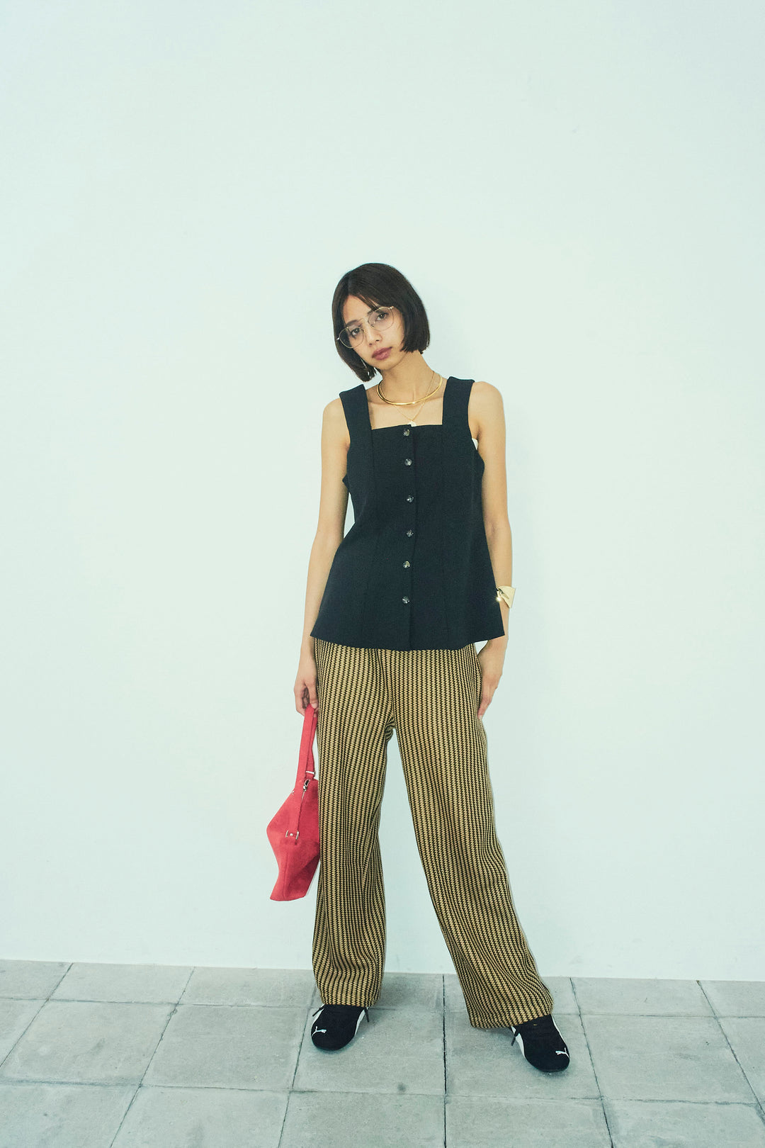 [予約/SET]ノースリーブフロントボタントップス+ストライプレースイージーPT(2set)