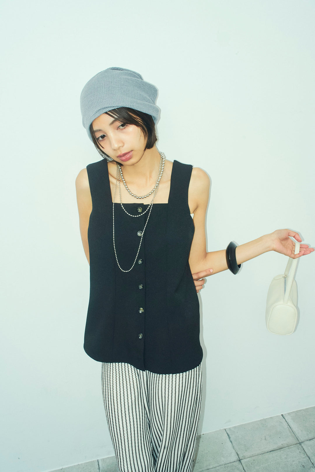 [予約/SET]ノースリーブフロントボタントップス+ストライプレースイージーPT(2set)